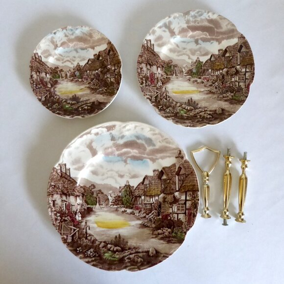 VINTAGE JOHNSON BROS OLDE ENGLISH COUNTRYSIDE 3 TIERED CHINA SERVING TRAY - Picture 4 of 16